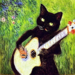 A cat playing guitar in the style of Monet, created by AI image generation 