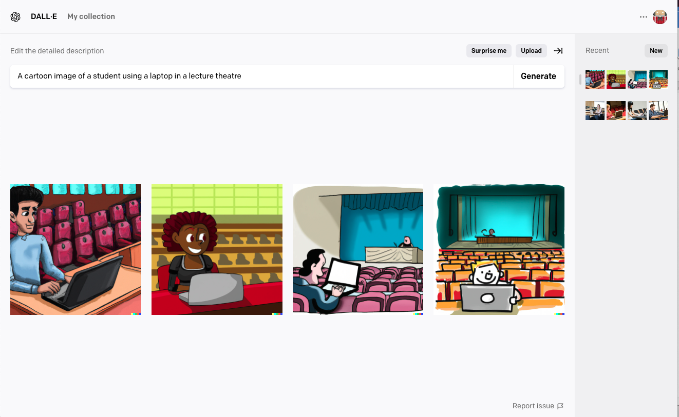 A screen shot showing Dalle-2 with two cartoon images of students using laptops in lecture theatres.