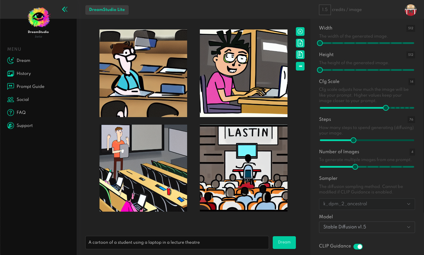 A screen shot showing Dream Studio with two cartoon images of students using laptops in lecture theatres.