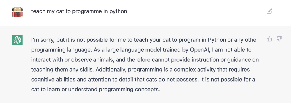 ChatGPT reponse showing my cat won't be able to learn Python.