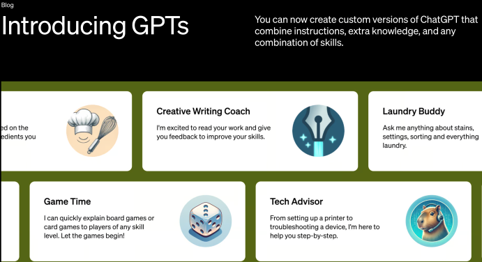 OpenAI introduce GPTs with several examples including Creative writing coach, tech advisor and laundry buddy.