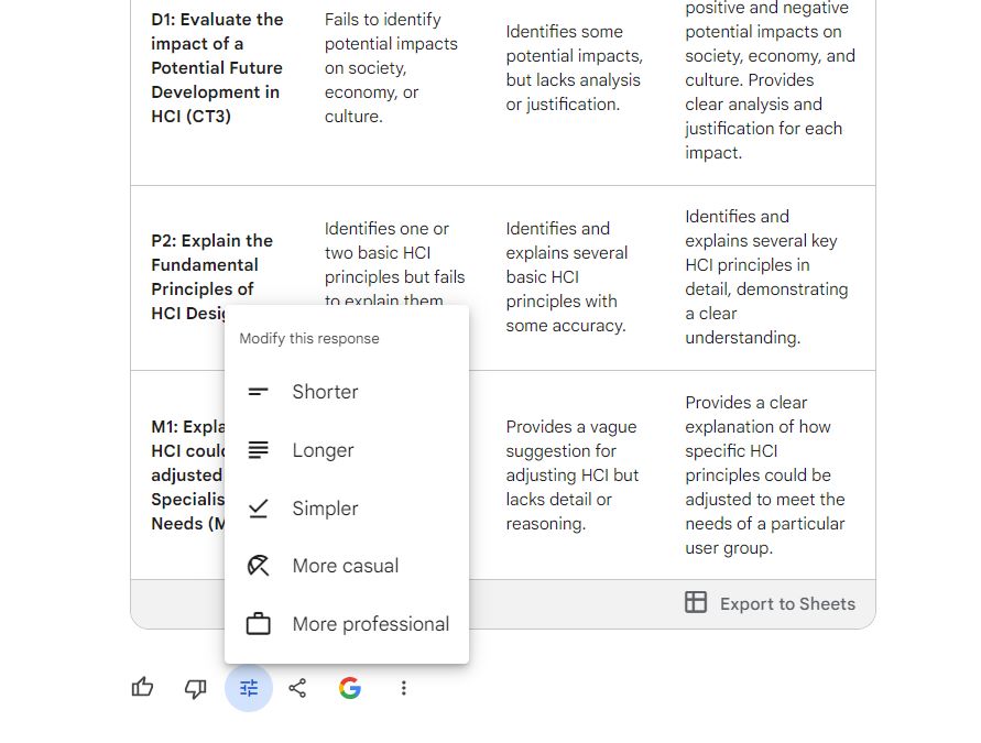 Google Gemini results screen where users can choose the Google icon at the bottom right
 which users can use to edit content length and writing style. 