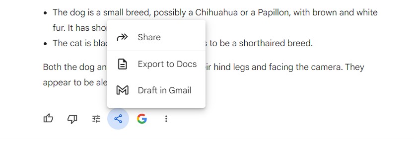 An example response from Google Gemini with the share button pressed showing the share, export to docs and draft in Gmail functions. 