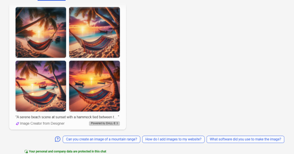 An example response from Microsoft Copilot image generation, with 4 example images of a hammock on a beach by the sea. 
