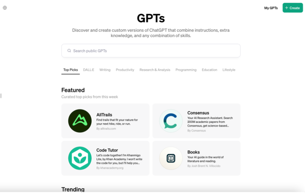 "Screenshot of a webpage titled 'GPTs' for discovering and creating custom versions of ChatGPT with combined instructions, extra knowledge, and any combination of skills. The page features a search bar with a prompt to 'Search public GPTs' and tabs labeled 'Top Picks', 'DALLE', 'Writing', 'Productivity', 'Research & Analysis', 'Programming', 'Education', and 'Lifestyle'. Below, a 'Featured' section highlights curated top picks from the week, including 'AllTrails', 'Consensus', 'Code Tutor', and 'Books', each with their own distinctive logo and a brief description of their function, like trail finding, research assistance, coding lessons, and audio guides in literature."