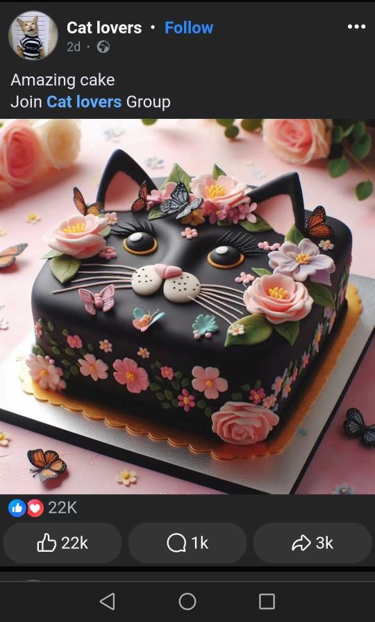 A facebook post featuring an AI generated image of a cat themed cake. The cake is square with a large black fondant cat face covered in sugarcraft flowers and butterflies. The caption reads "Amazing cake Join cat lovers group", it has 22,000 likes, 1,000 comments and 3,000 shares. 