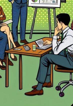 An AI generated image of office workers in a pop art style. A worker in the foreground sits at a table with 3 legs which are not placed correctly.