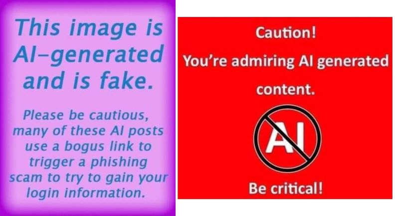 Two images warning users that the images they are viewing are AI generated. The left image is blue text on a bright purple background reading "This image is AI-generated and is fake. Please be cautious, many of these AI posts use a bogus link to trigger a phishing scam to try to gain your login information". The right image is white text on a red background and reads "Caution! You're admiring AI generated content".