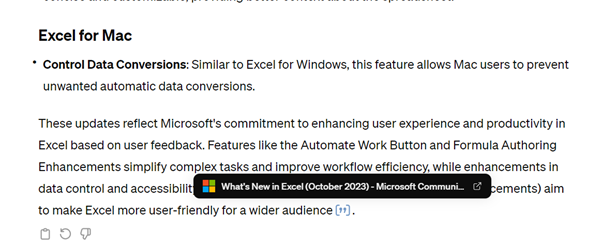  The image shows an example of what the user sees when they hover over the quotation marks at the end of an answer given by GPT-4. The reference links to 'What's New in Excel (October 2023) and the user can click on the link to go to the web page.