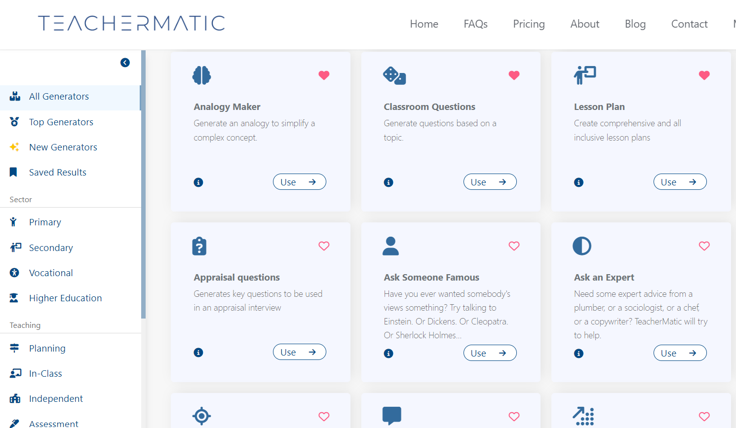 TeacherMatic home screen showing several generators including analogy maker, classroom questions, lesson plan, appraisal questions, ask someone famous and ask an expert. 
