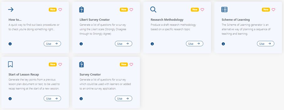 An image of TeacherMatic's new generators from left to right “How to..”, “Likert Survey Creator”, ”Research Methodology”, “Scheme of learning”, “Start of Lesson Recap”, and “Survey Creator”.