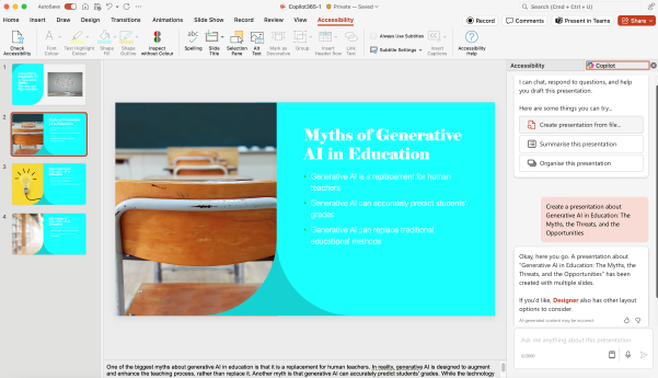 Microsoft PowerPoint displaying a slide titled "Myths of Generative AI in Education". The slide lists several misconceptions about generative AI, such as it being a replacement for human teachers, its ability to accurately predict student grades, and its potential to replace traditional educational methods. The background of the slide features an image of a classroom with wooden desks. The text is white on light blue and very hard to read. Thumbnails of other slides in the presentation are visible on the left, and on the right, the Copilot feature suggests actions like creating, summarizing, and organizing the presentation. The bottom of the screen shows the start of a text box explaining one of the myths about generative AI in education.