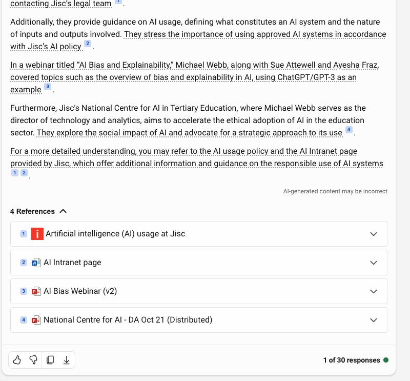 The image shows a screenshot of a webpage discussing the usage of artificial intelligence (AI) at Jisc. The text highlights the importance of approved AI systems and policies for ethical AI implementation. It also mentions a webinar on AI bias and explainability and details about Jisc's National Centre for AI in Tertiary Education's goals in promoting ethical AI in education. There are reference links provided at the bottom for further information.