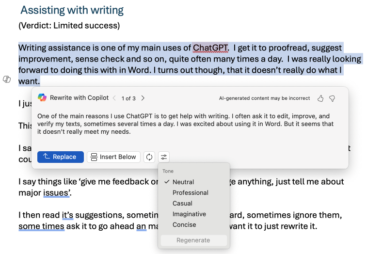 A popup box showing the rewritten text "One of the main reasons I use ChatGPT is to get help with writing. I often ask it to edit, improve, and verify my texts, sometimes several times a day. I was excited about using it in Word. But it seems that it doesn't really meet my needs." and a popup with options to change the tone.