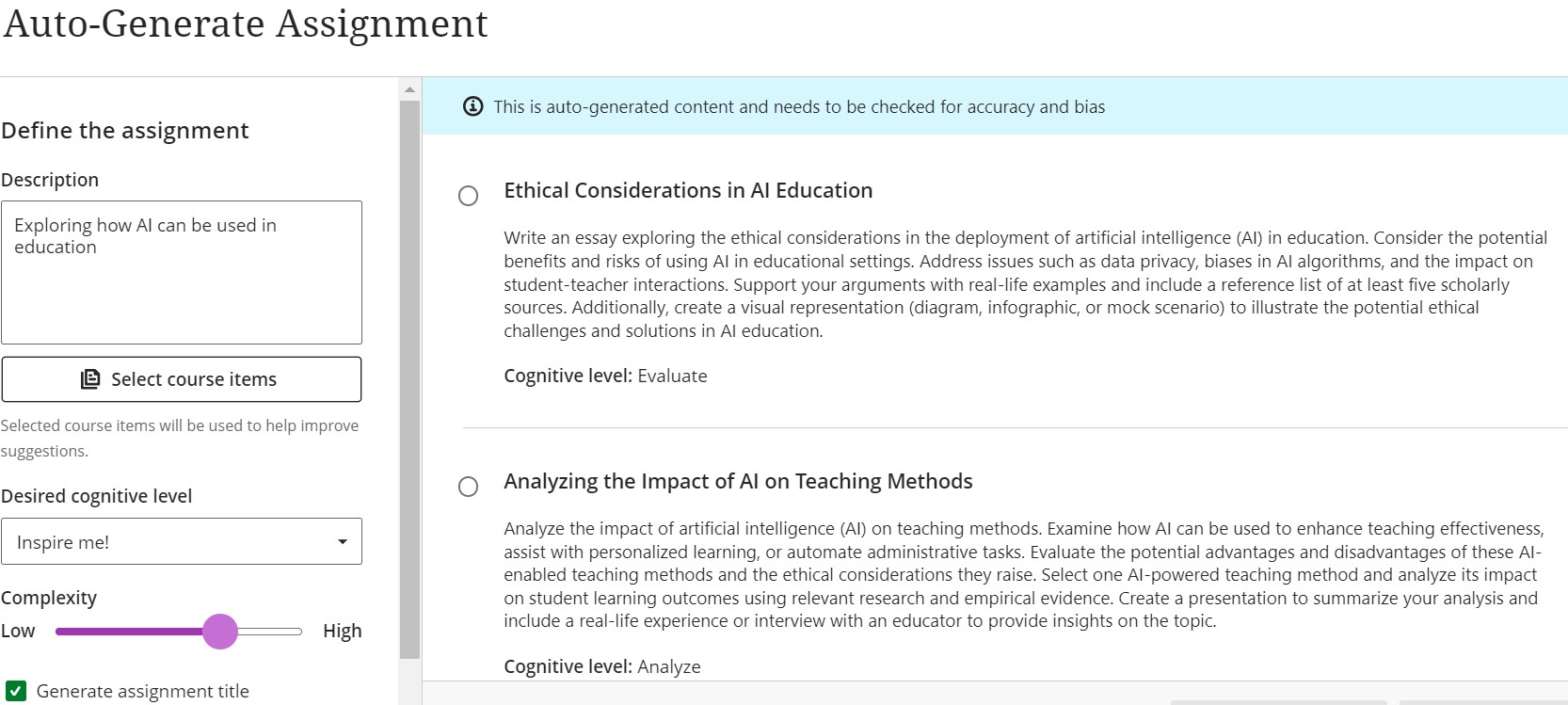 The Auto-Generate Assignment page with suggested assessment prompts which include; Exploring Creative Solutions, Analyzing Ethical Dilemmas, Applying Metacognitive Strategies. 