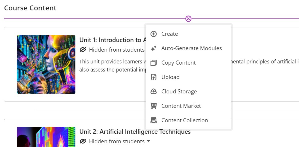 The Course Content page with an image on the left of a robot and the options to choose Auto-generate Modules