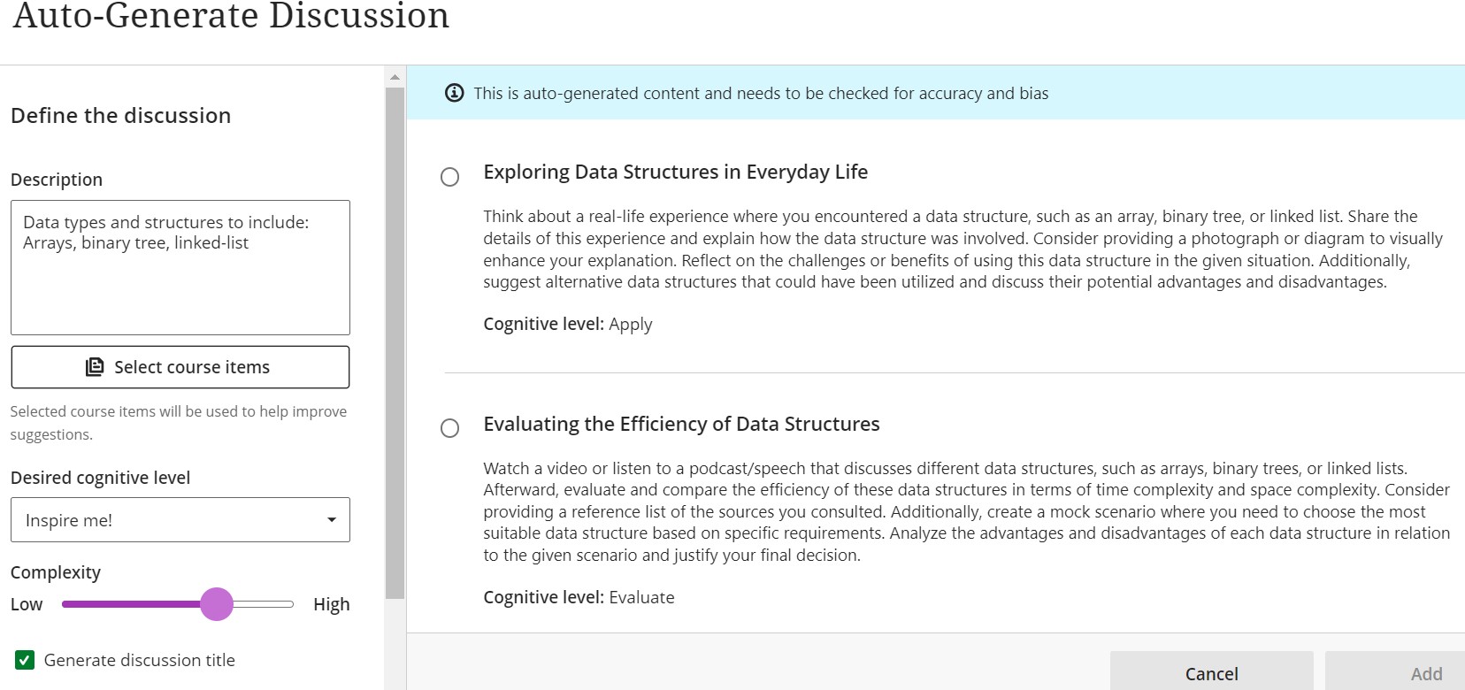 The Auto-Generate Learning Modules page. With a description ; Data types and structures to include; arrays, linked text and binary tree