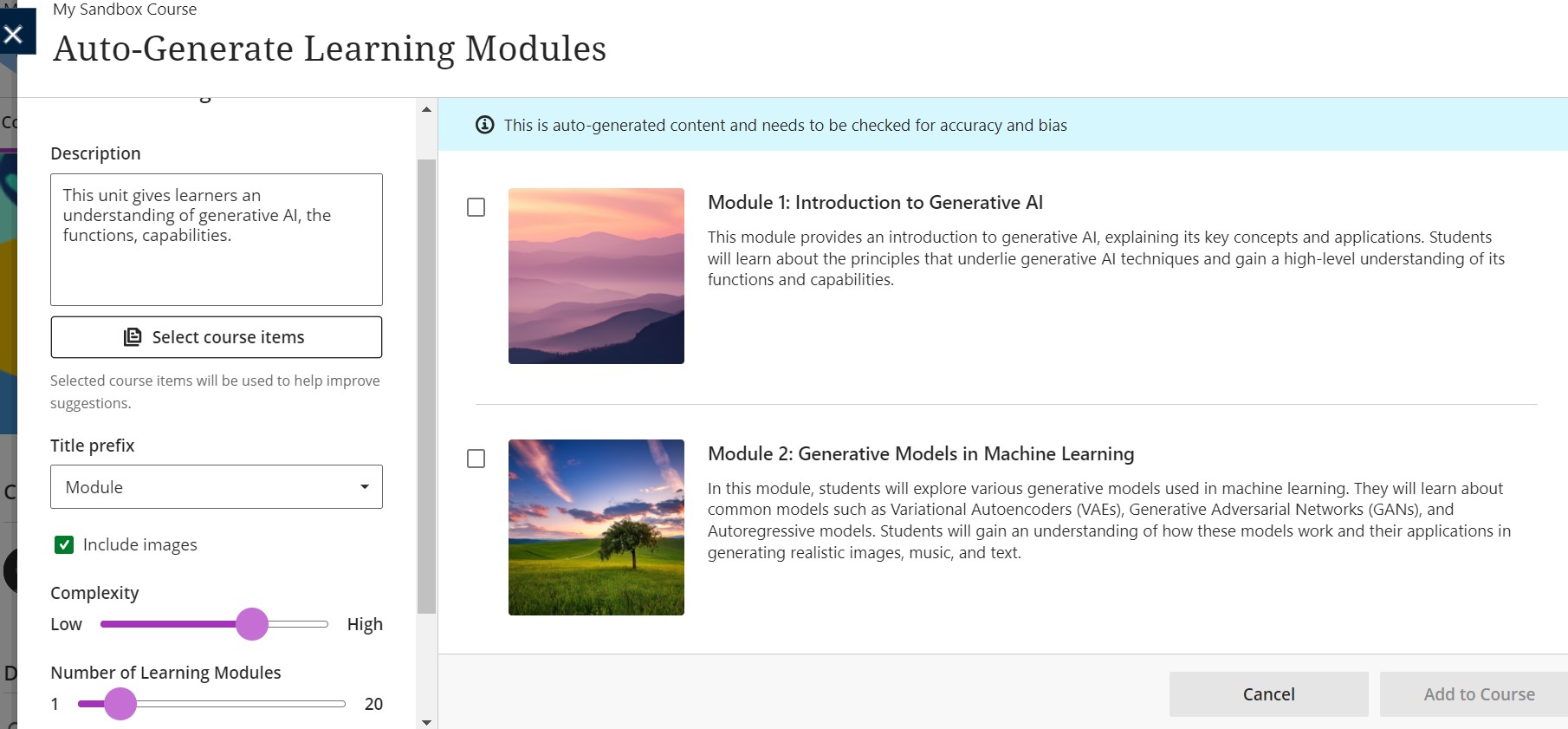 The Auto-Generate Learning Modules page with an example description. This unit give learners an understanding of the fundamental functions and operations involved in artificial intelligence (AI) and machine learning. In the centre is suggested generated learning module content which has been generated.