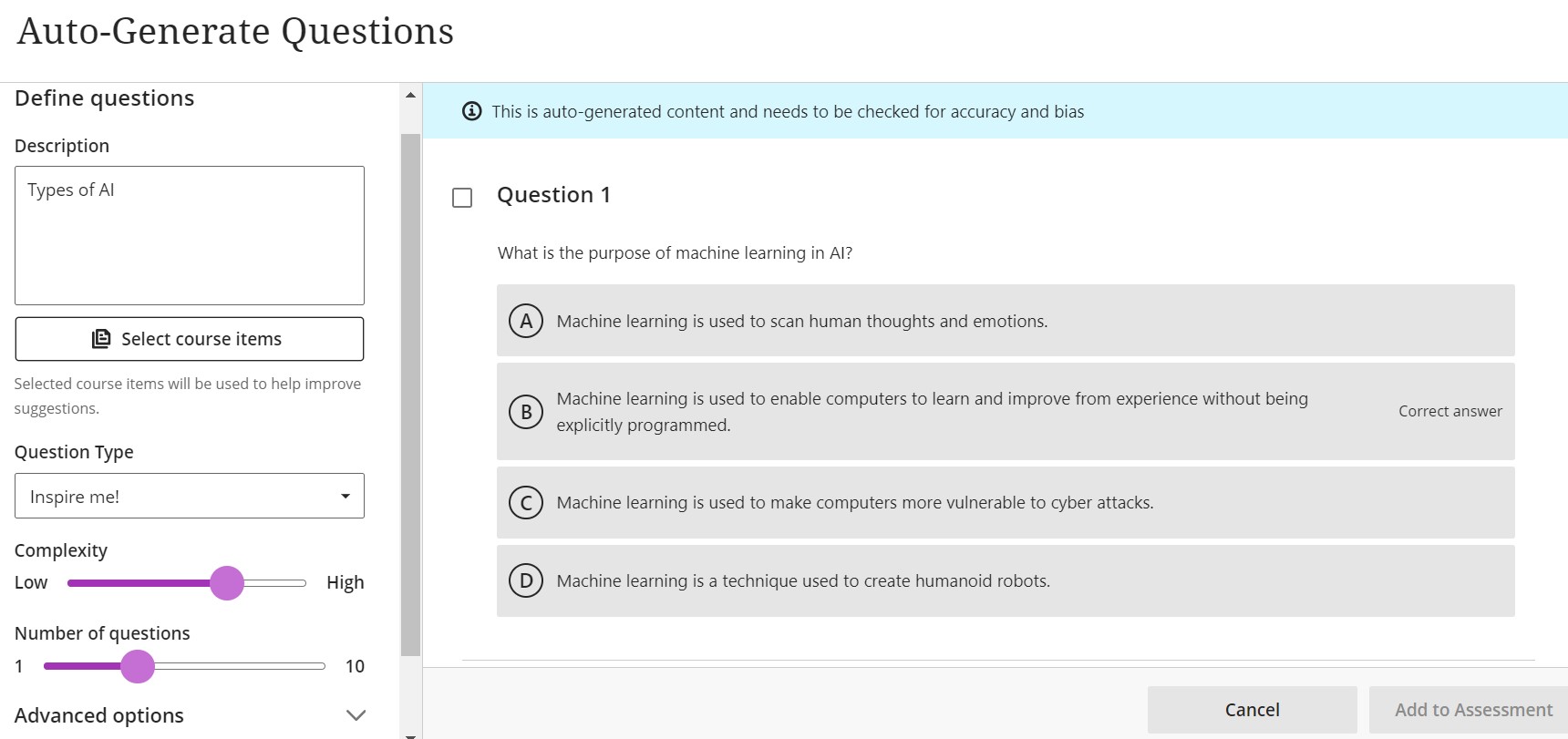 The Auto Generate Questions page with an example question and answer. 