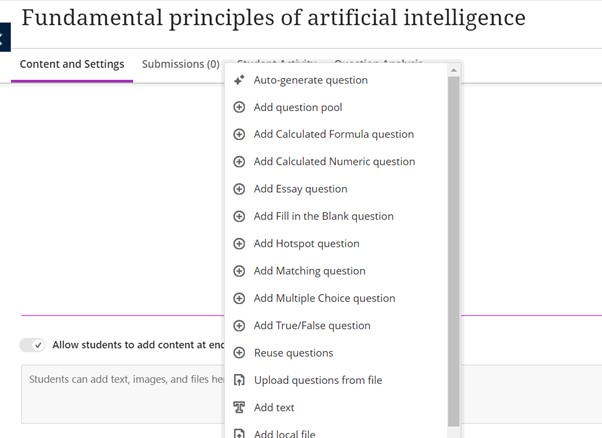 The Auto Generate Questions page 