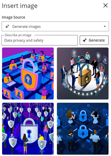 The Insert Image page with a description box with a description of Data privacy and safety. Below are 4 images based on this description that include people and padlocks. 