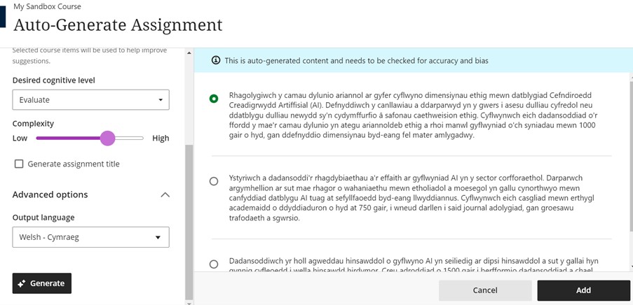 The Auto-Generate Assignment page in Welsh with suggested assessment prompts which include; Exploring Creative Solutions, Analyzing Ethical Dilemmas, Applying Metacognitive Strategies