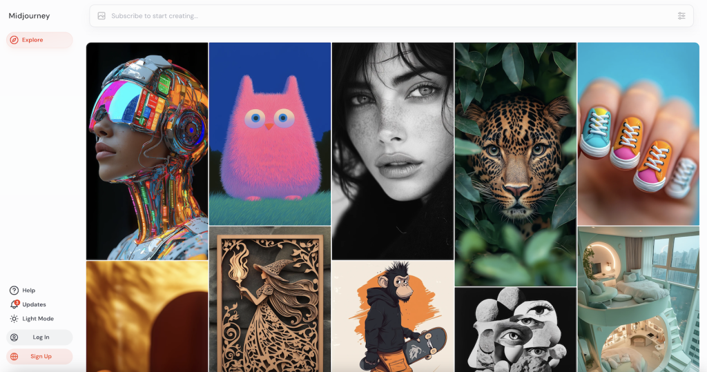 A collage of nine distinct images on the Midjourney image generator page. The images include a digital art depiction of a futuristic woman with a cybernetic design, a fluffy pink owl with large eyes on a blue background, a close-up black and white portrait of a woman with dark hair and freckles, a leopard peering through green foliage, a close-up of brightly colored fingernails painted to look like small sneakers, a golden abstract design, an intricately carved wooden artwork of a witch holding a torch, a cartoon monkey in a hoodie holding a skateboard, and a modern, luxurious apartment interior with a curved bed and panoramic city views.