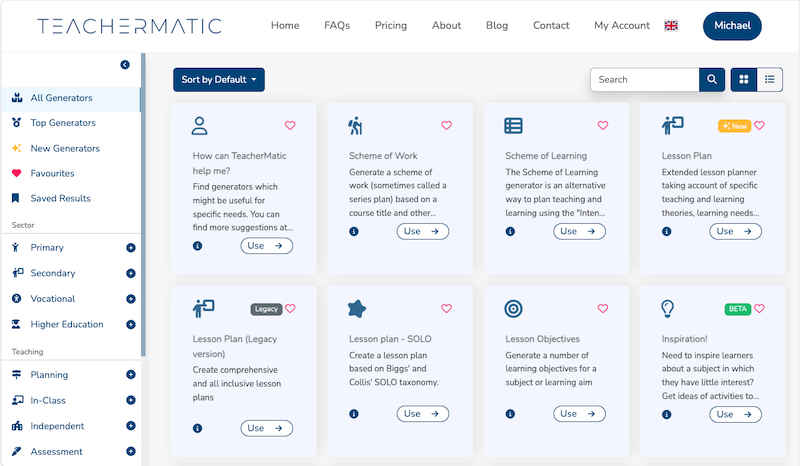 A screenshot of the Teachermatic platform showing various educational tool generators. The interface has a clean, modern design with a white and blue color scheme. On the left side, a vertical menu lists categories such as ‘All Generators,’ ‘Top Generators,’ ‘New Generators,’ ‘Favourites,’ and ‘Saved Results,’ along with sectors like ‘Primary,’ ‘Secondary,’ ‘Vocational,’ and ‘Higher Education.’ The main part of the screen displays a grid of generator tool cards. Each card includes a title, description, and a ‘Use’ button. Some of the tools visible include ‘Scheme of Work,’ ‘Scheme of Learning,’ ‘Lesson Plan (Legacy version),’ ‘Lesson Objectives,’ ‘Inspiration,’ ‘Steps2Success,’ ‘Title,’ ‘Multiple Choice Questions,’ and ‘True or False.’ The top of the page features navigation links like ‘Home,’ ‘FAQs,’ ‘Pricing,’ ‘About,’ ‘Blog,’ and ‘Contact,’ along with a search bar and a profile button