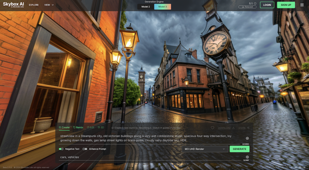 An image of Skybox360 generation depicting a street-view in a Steampunk city, old victorian buildings along a very wet cobblestone street, spacious four-way intersection, ivy growing down the walls, gas lamp street lights on brass poles, cloudy rainy early evening sky.