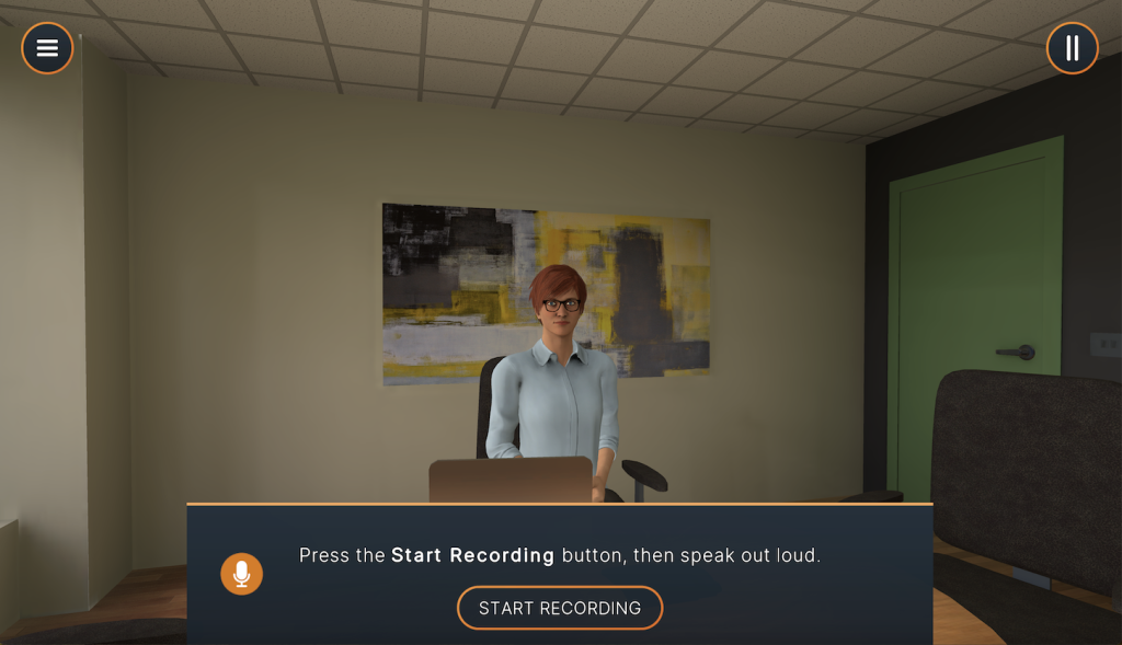 A virtual reality scene from the Bodyswaps application showing a digital avatar of a woman with short red hair and glasses, seated behind a desk in an office setting. The avatar is wearing a light blue shirt. Behind her is a wall with a modern abstract painting in shades of yellow, black, and gray. The room has a drop ceiling with visible tiles and a green door on the right side. The user interface at the bottom of the screen includes a prompt that reads, ‘Press the Start Recording button, then speak out loud,’ with a large orange button labeled ‘Start Recording’ featuring a microphone icon. In the top left corner, there is a menu icon, and in the top right corner, a pause button.