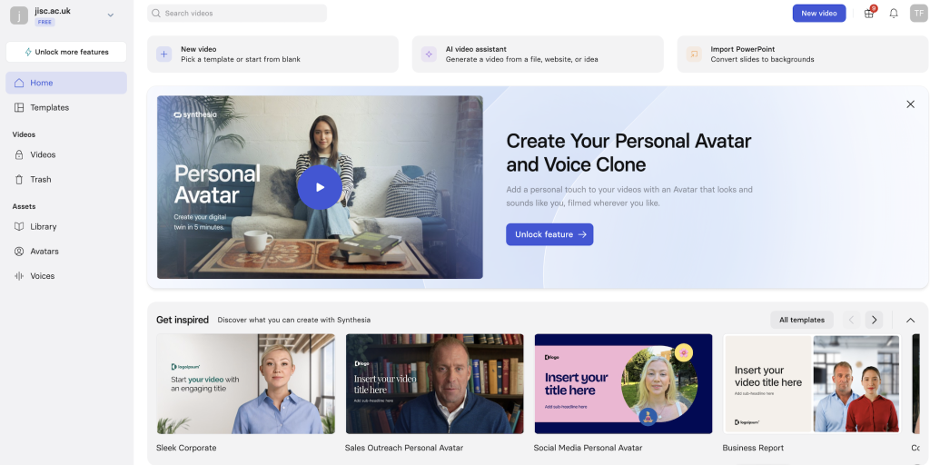 The Synthesia homepage, the platform offers several demo videos of their video creation software. The top panel promotes 'Introducing expressive AI avatars' with a video of an ai generated avatar presenting a video.