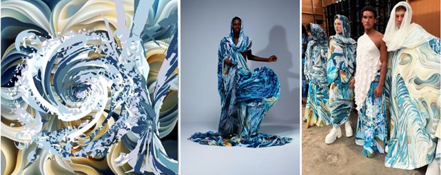 Three images demonstrating Vimisha Patel's work. The left image is a digital image of swirling wave-like patterns in blues, whites and yellows. The centre image is a photograph of a finished garment on a model, the garment is a long flowing gown with a connecting headscarf and the textile's print is similar to the digital image on the left. The final image on the right is a photograph of four more pieces from the collection on models, each garment has the same colour story of the blues, whites and yellows, like the dress featured in the centre photo the other pieces are long, flowing and three incorporate a headscarf. 