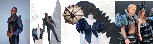 A set of four images demonstration Mellonia Gray's work. The far left image shows a model in a deep blue structured leather jacket with sculpted sleeves which echo the shape of marine creatures. The second image shows the same model and jacket alongside a photograph of the jacket when it was being made being worn by a mannequin. The third image is a photograph of another jacket piece from the same collection, also in a deep blue with structural elements and puff sleeves. The final image is a photograph of two models wearing pieces from the collection, the pieces are blue and have a metallic sheen, they feature similar sculpted sleeve elements as the other pieces shown but echoing different marine shapes. 