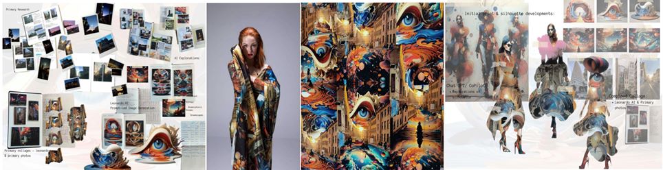 A set of four images demonstrating the work of Florence Grewal. The first image shows a mood board with many dream like images featuring particularly an image of a disembodied human eye with oranges and blue liquid spilling out. The second image is a photograph of a piece from the collection being modelled, it is a long robe like garment in deep oranges, blues and gold. The third image is a digital piece featuring repeated motifs of the blue and orange eye melded with images of buildings. The final image is a digital piece featuring three silhouettes of models overlaid with the repeated image of the eye and the blue, orange and gold colours. 