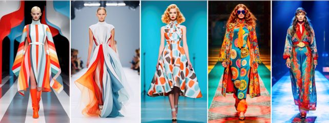 An AI generated set of images showing five models in vibrant, patterned outfits:First: A knee-length dress with bold geometric designs in red, orange, and blue. Second: A flowing, gown with a white bodice transitioning to strips of bright blue and orange in the skirt. Third: A mid-length polka dot dress in blue, orange, and white. Fourth: A psychedelic, long-sleeved dress with bright circles and oversized sunglasses. Fifth: A full-length gown with intricate floral and abstract patterns, accessorized with a headpiece and sunglasses. The styles blend modern and retro influences.