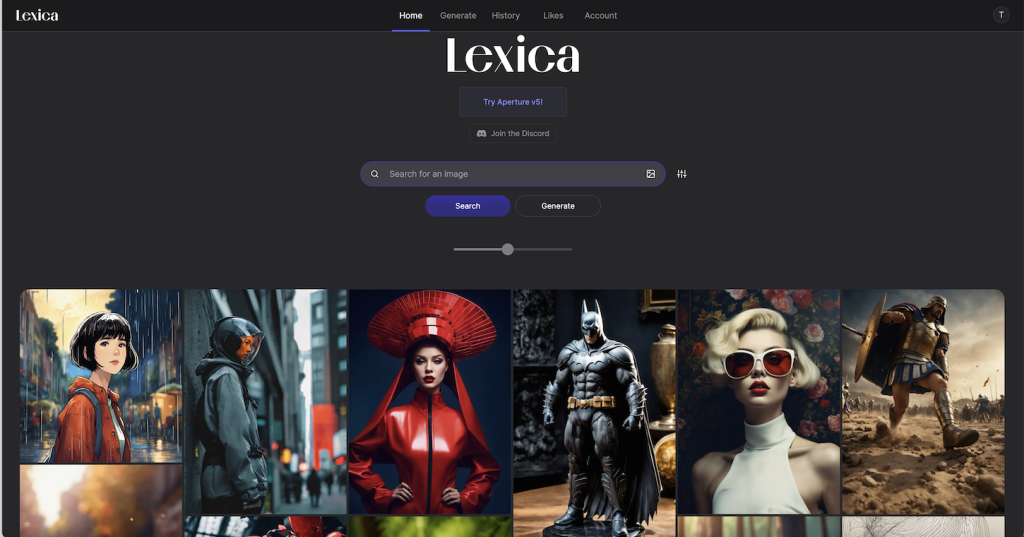 Lexica AI image generation platform homepage with a dark-themed interface. A search bar and buttons for generating images are at the top. Below, a grid of AI-generated images features diverse subjects, including a futuristic woman in red, a Batman figure, a warrior, and a stylised portrait of a blonde woman in sunglasses.