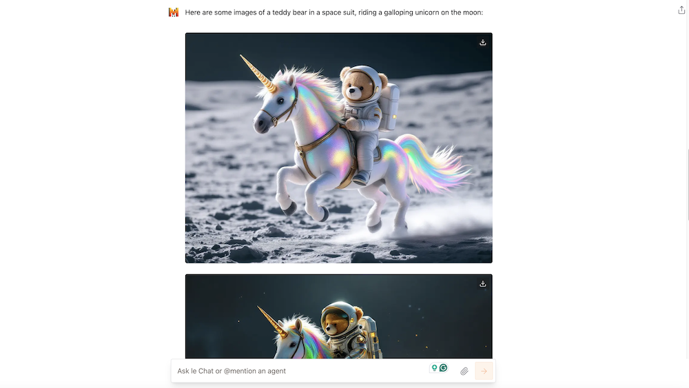 Mistral Le Chat bot generating an image of a teddy bear in a space suit riding a galloping unicorn on the moon