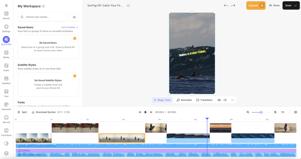 A video editing interface in Veed.io showing a project titled ‘Surfing 101: Catch Your Fir…’. The workspace includes a vertical video preview of surfers with the text ‘TIMING IS EVERYTHING.’ in bold. The timeline at the bottom displays multiple video clips, audio tracks, and subtitles. Editing tools and options are visible on the left panel.