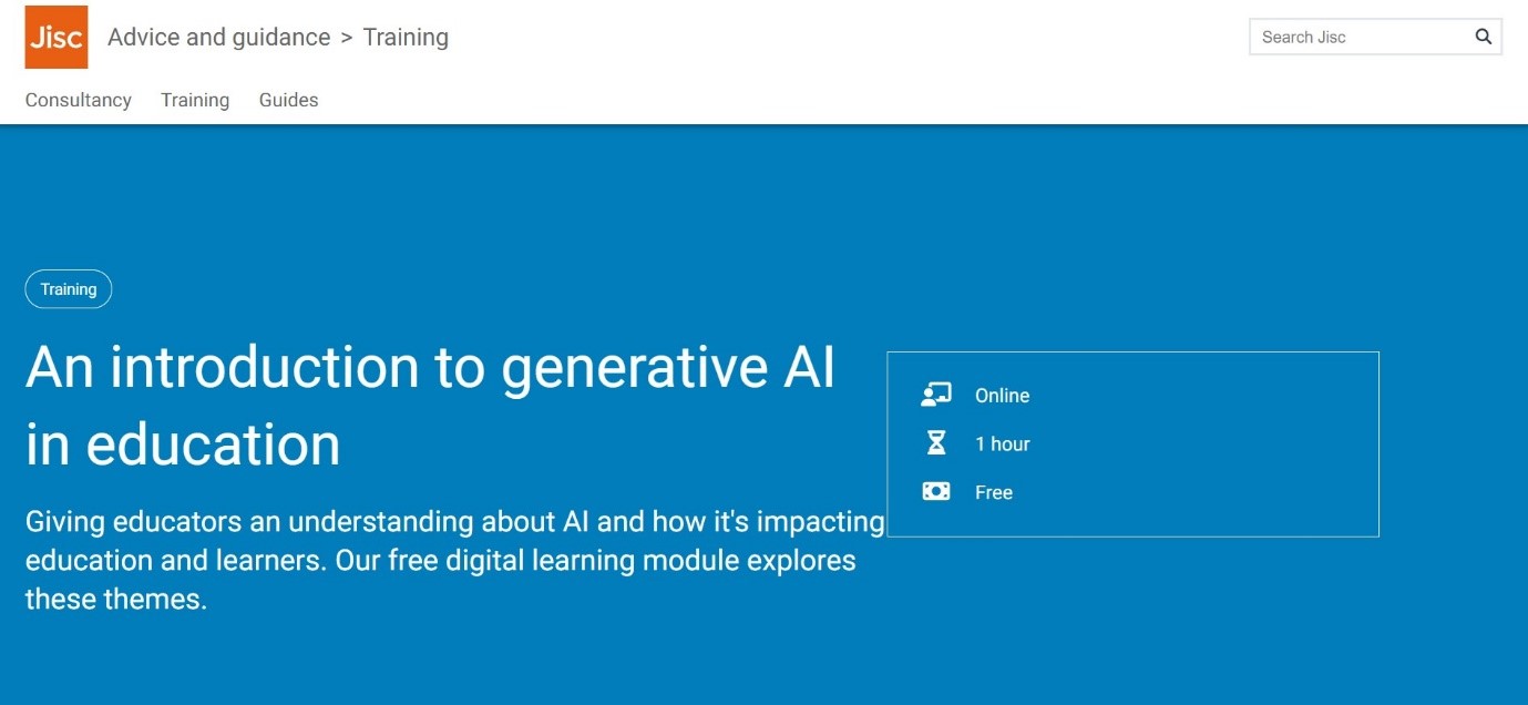 Jisc webpage showing the course 'An Introduction to Generative AI in Education'. The page includes details like 'Online', '1 hour', and 'Free'. The course aims to give educators an understanding of AI and its impact on education and learners