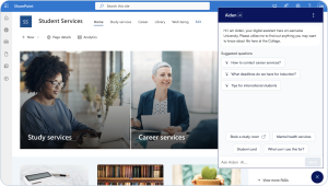 An image showing the LearnWise assistant integrated into the SharePoint user interface. A chat with the AI assistant is open on the right hand side of the sharepoint homepage.