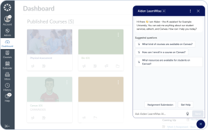 An image showing the LearnWise assistant integrated into the Canvas VLE user interface. A chat with the AI assistant is open on the right hand side of the Canvas VLE homepage.