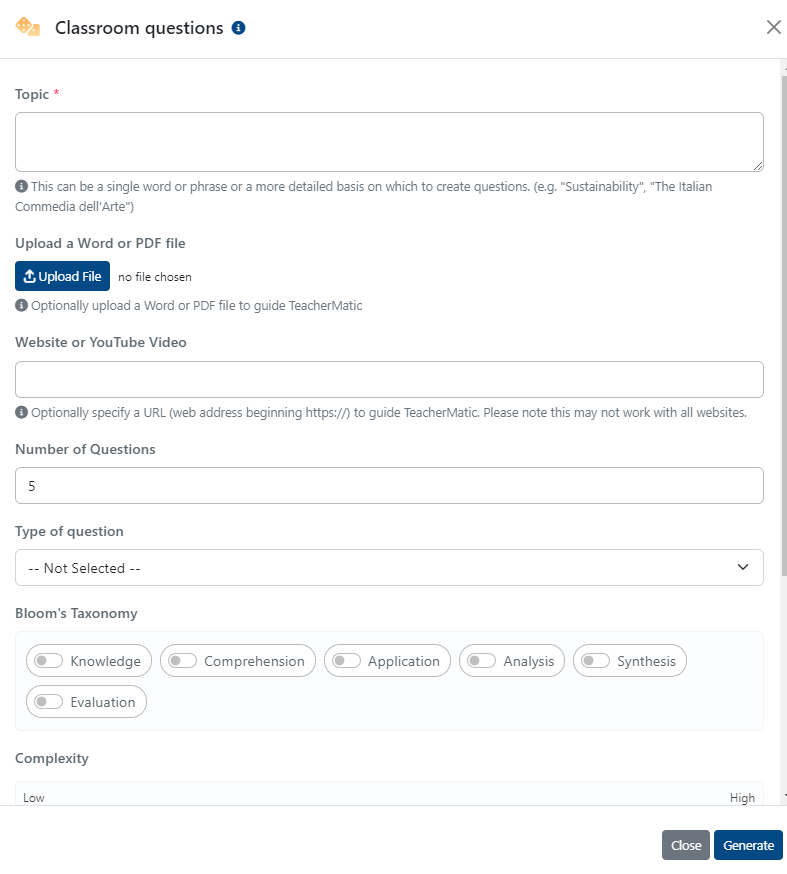 Figure 2 An image of the classroom questions generator with the ability to upload a word or PDF file to guide TeacherMatic when generating content. 