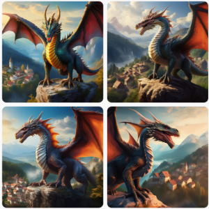 Four images of dragons, with hills in the back. All the dragons are in the foreground, each standing alone on a rock.