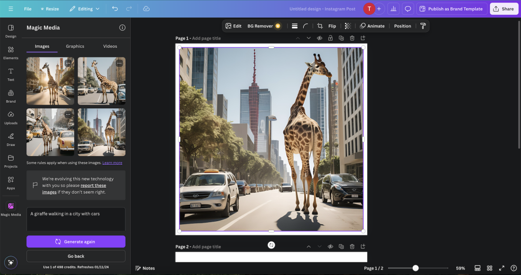 “A digital interface in Canva’s Magic Media tool displays an AI-generated image of a giraffe walking down a busy city street with cars and tall buildings in the background. The user interface on the left shows the ‘Magic Media’ panel with the ‘Images’ tab selected, offering different AI-generated images featuring the same giraffe in urban environments. A button below allows the user to ‘Generate again’ based on the prompt ‘A giraffe walking in a city with cars.’”