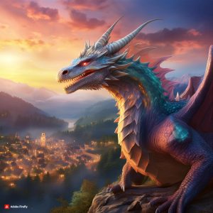 A dragon sits in the foreground. In the background is a pastel-coloured sky at twilight.