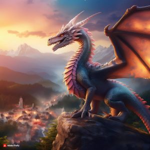 A dragon sits in the foreground. In the background is a pastel-coloured sky at twilight.