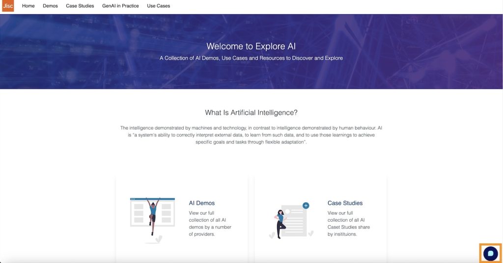 Screenshot of the Jisc Explore AI webpage showing a welcome message for Explore AI, a section explaining ‘What Is Artificial Intelligence?’, and links to AI demos, case studies, and other resources. The Edubot AI chat window is open on the right, with options like ‘Full Screen,’ ‘New Conversation,’ and ‘Learn More’ visible in the menu.