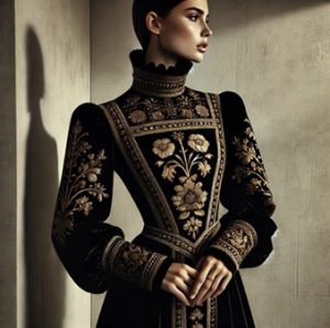 An image generated by ChatGPT Plus. A woman wears a Tudor-inspired black velvet dress adorned with intricate gold floral embroidery. The dress features a high ruffled neckline, puffed sleeves, and elegant, structured tailoring. She stands in a softly lit room, evoking a regal and historical ambience.