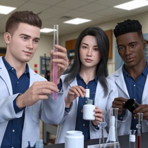 An AI generated image of a diverse group of science students completing a science experiment. The image is clearly not a photo, as it is too cartoon-like