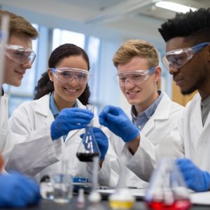 AI image generated image of a diverse group of students conducting a chemistry experiment